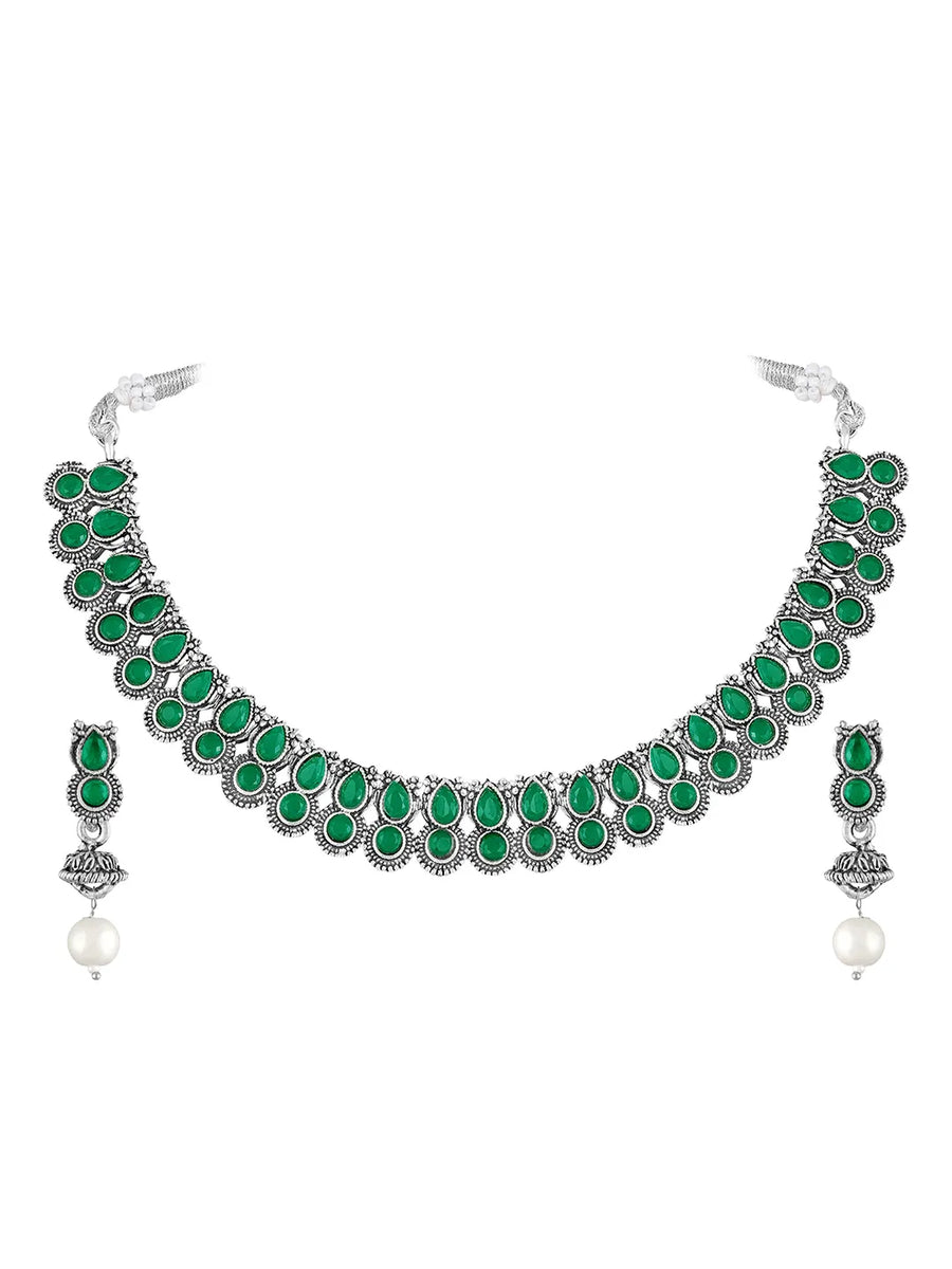 Oxidised Green Stone Statement Necklace Set