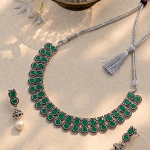 Oxidised Green Stone Statement Necklace Set