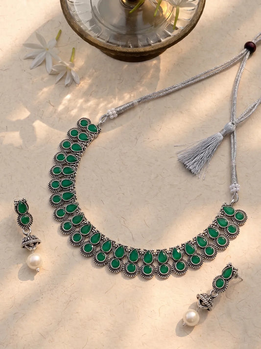 Oxidised Green Stone Statement Necklace Set