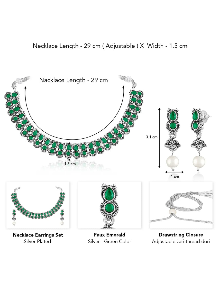 Oxidised Green Stone Statement Necklace Set