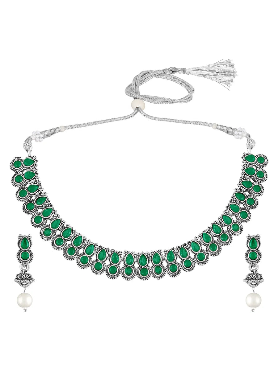 Oxidised Green Stone Statement Necklace Set