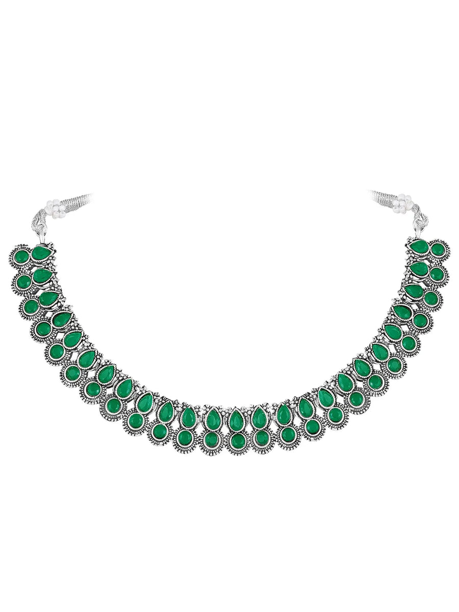 Oxidised Green Stone Statement Necklace Set