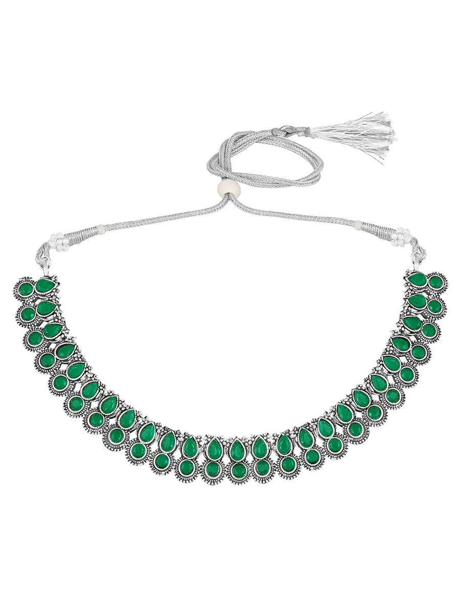 Oxidised Green Stone Statement Necklace Set