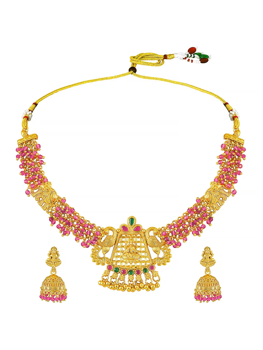 Peora Temple Peacock Ruby Necklace Jhumka Set