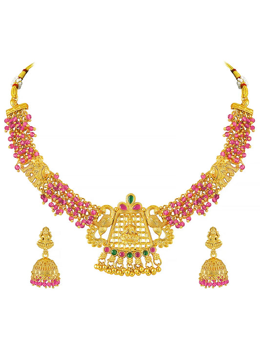 Peora Temple Peacock Ruby Necklace Jhumka Set
