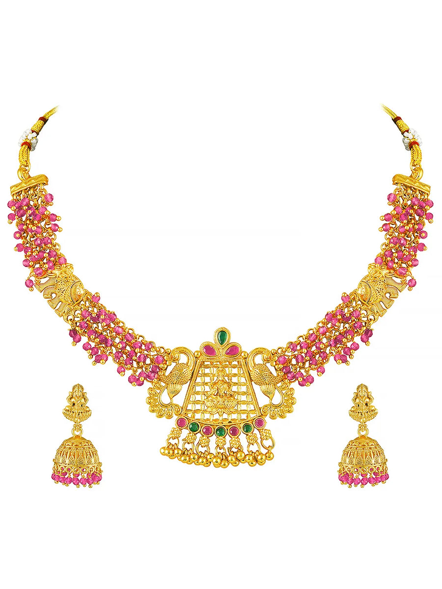 Peora Temple Peacock Ruby Necklace Jhumka Set