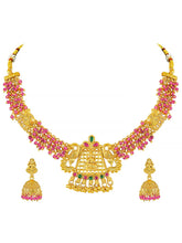 Peora Temple Peacock Ruby Necklace Jhumka Set