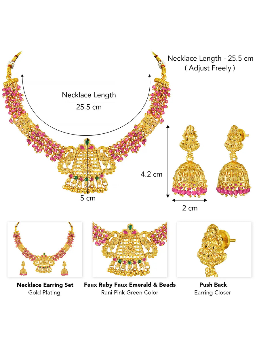 Peora Temple Peacock Ruby Necklace Jhumka Set