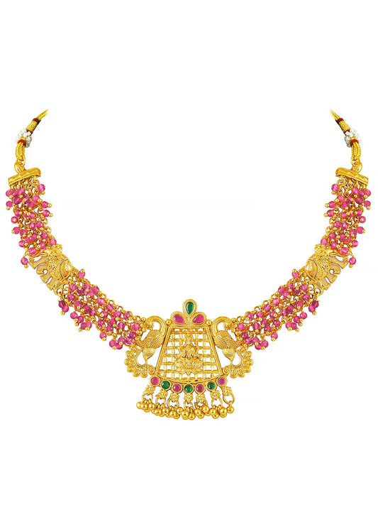 Peora Temple Peacock Ruby Necklace Jhumka Set