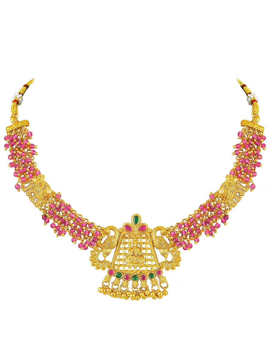 Peora Temple Peacock Ruby Necklace Jhumka Set