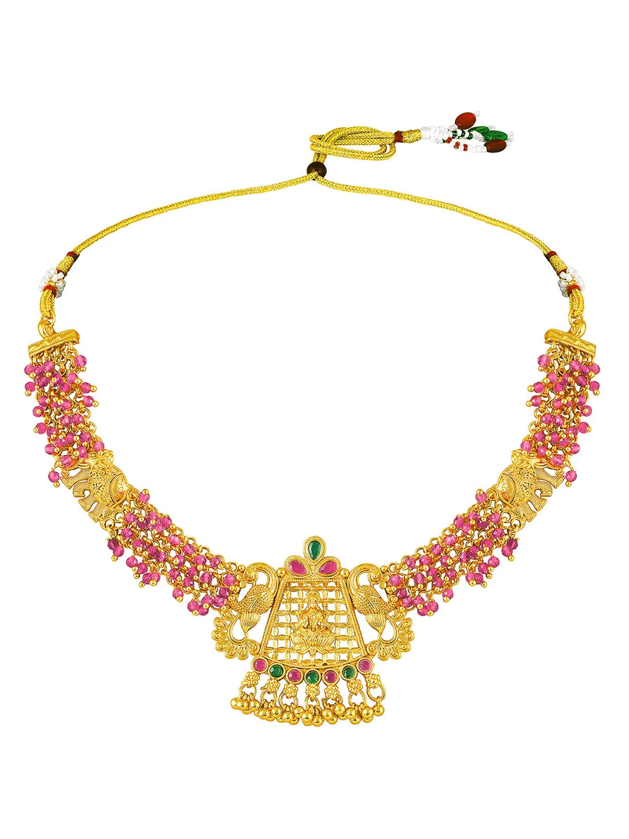 Peora Temple Peacock Ruby Necklace Jhumka Set