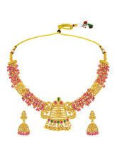 Peora Temple Peacock Ruby Necklace Jhumka Set