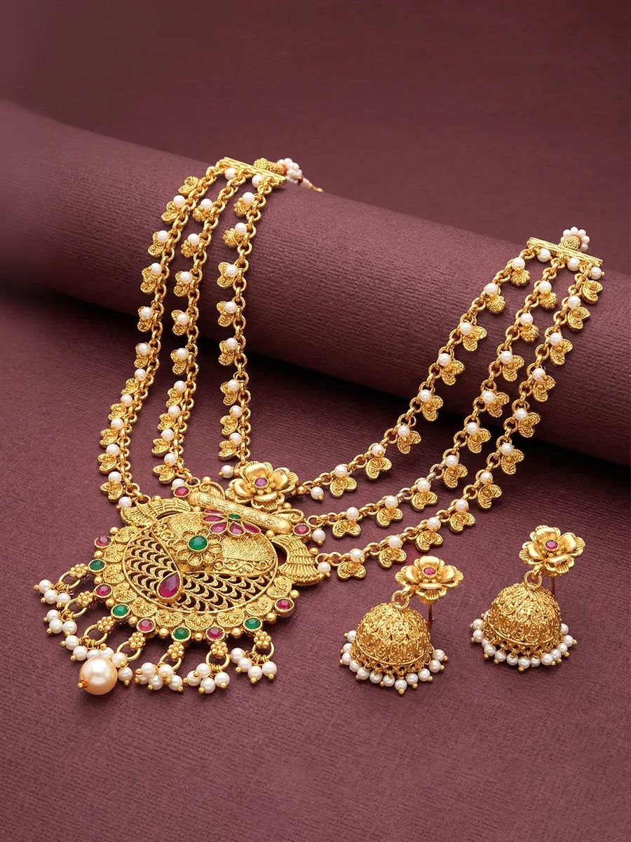 Peora Layered Heritage Jhumka Necklace Set - Gold