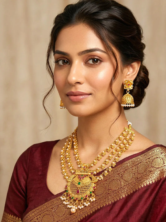 Peora Layered Heritage Jhumka Necklace Set - Gold