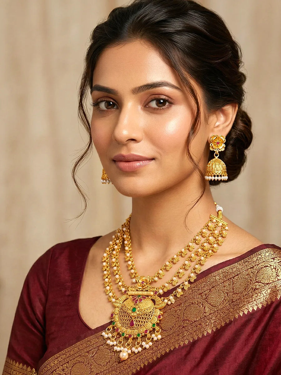 Peora Layered Heritage Jhumka Necklace Set - Gold