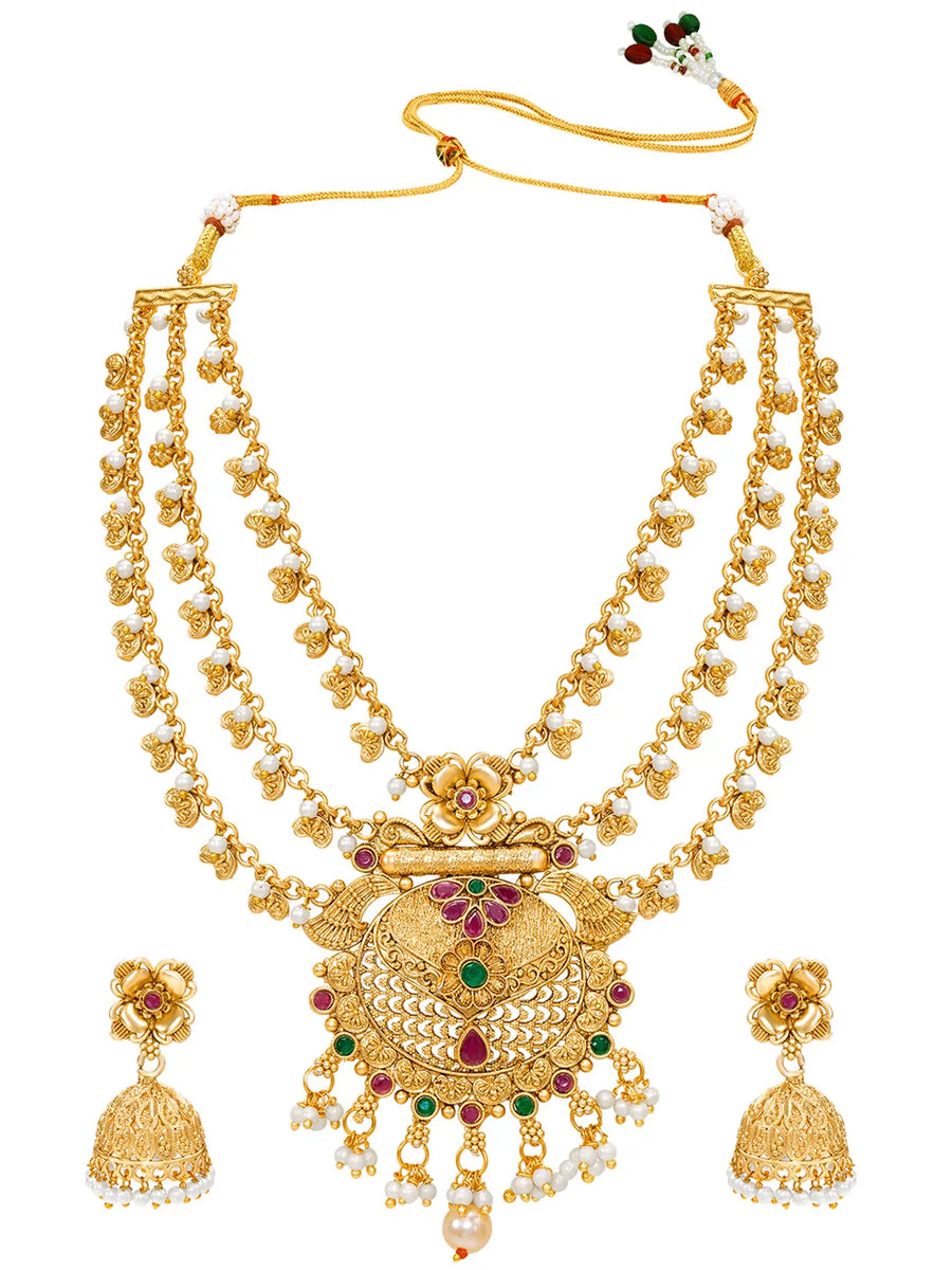 Peora Layered Heritage Jhumka Necklace Set - Gold