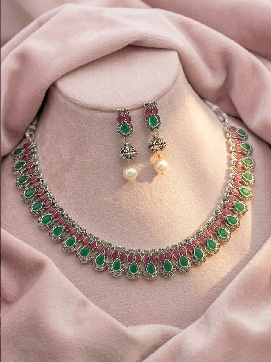 Peora Antique Oxidised Ruby Green Necklace Set