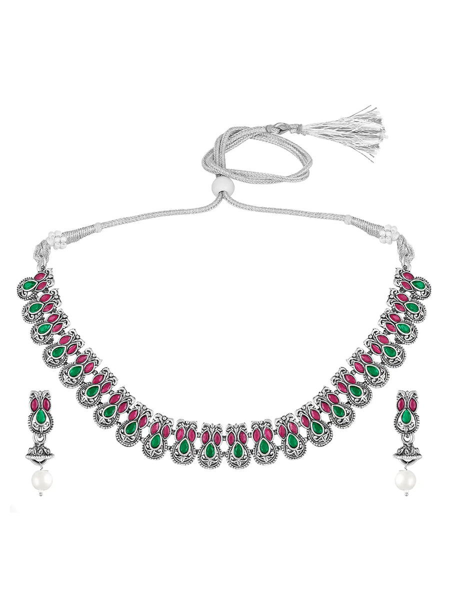 Peora Antique Oxidised Ruby Green Necklace Set