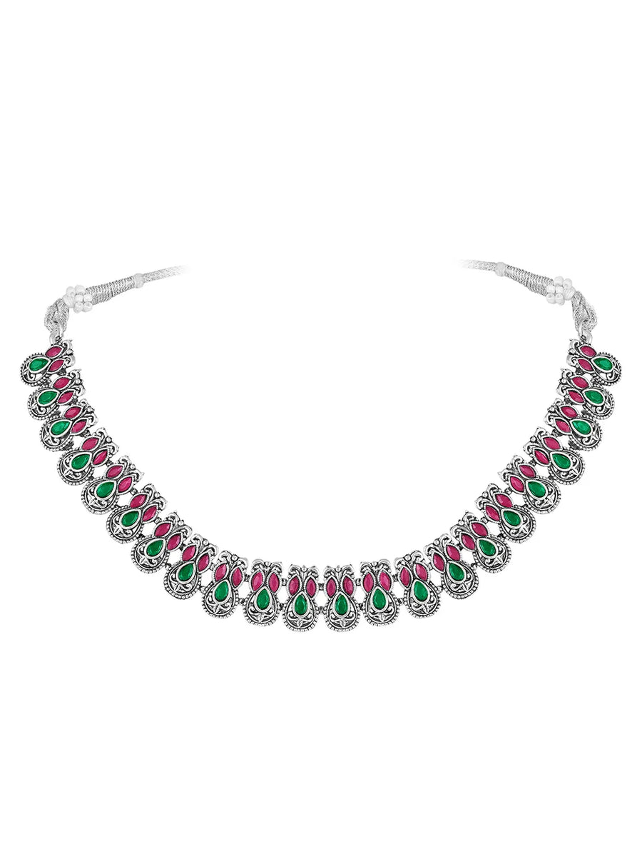 Peora Antique Oxidised Ruby Green Necklace Set