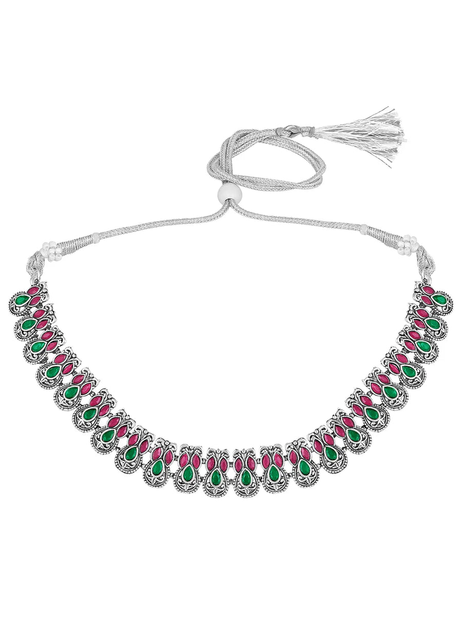 Peora Antique Oxidised Ruby Green Necklace Set