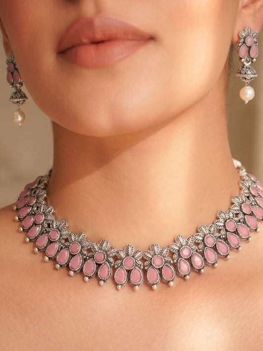 Peora Antique Oxidised Pink Necklace Set
