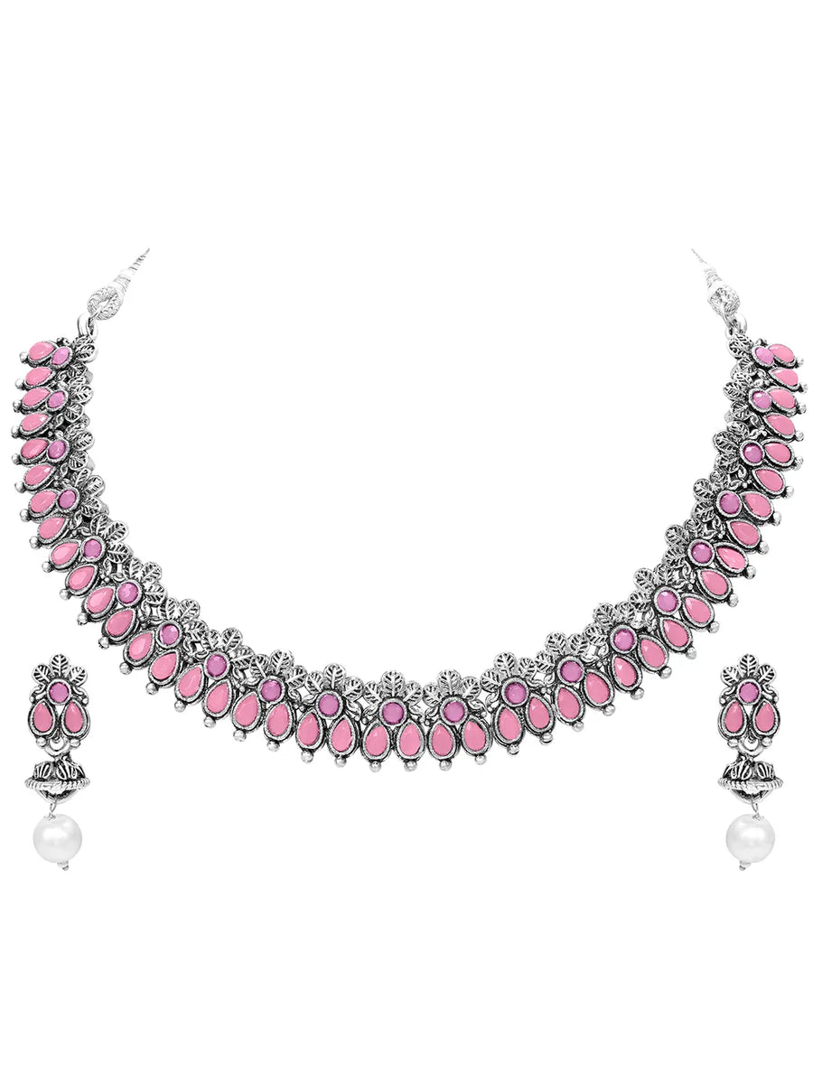 Peora Antique Oxidised Pink Necklace Set