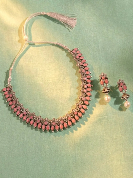 Peora Antique Oxidised Pink Necklace Set