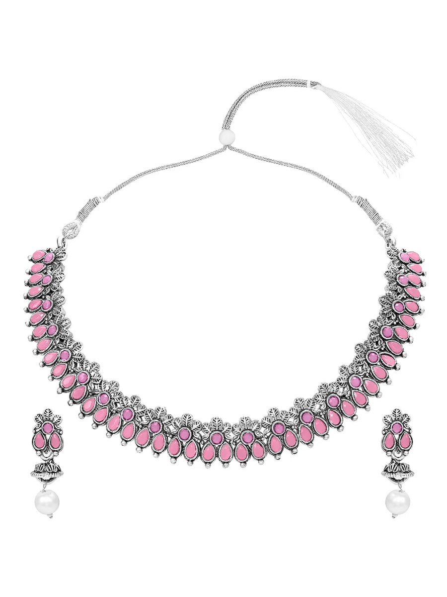 Peora Antique Oxidised Pink Necklace Set