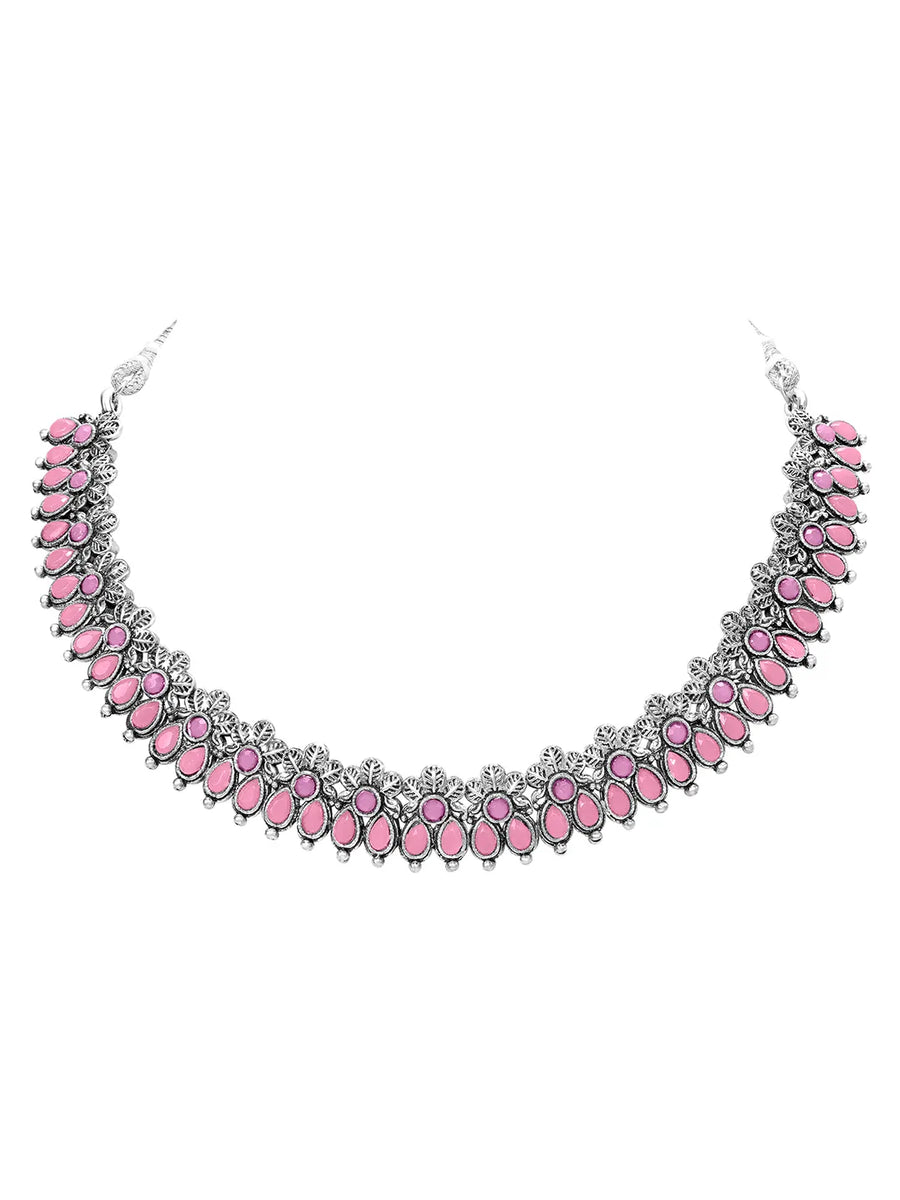 Peora Antique Oxidised Pink Necklace Set