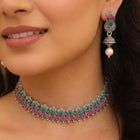 Peora Antique Oxidised Green Ruby Necklace Set