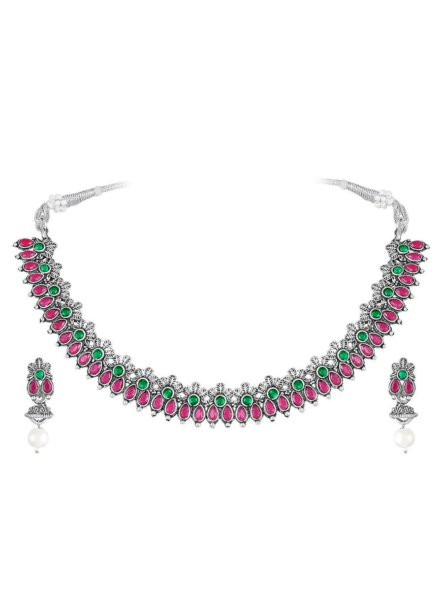 Peora Antique Oxidised Green Ruby Necklace Set