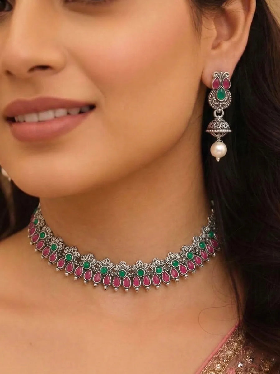 Peora Antique Oxidised Green Ruby Necklace Set