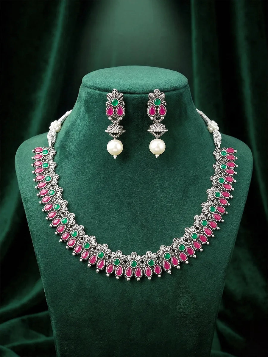 Peora Antique Oxidised Green Ruby Necklace Set
