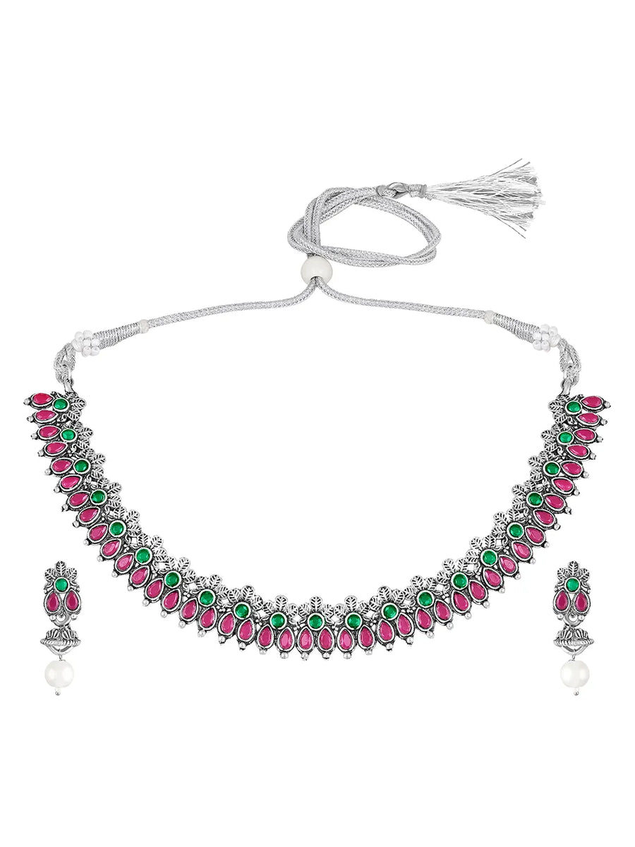 Peora Antique Oxidised Green Ruby Necklace Set