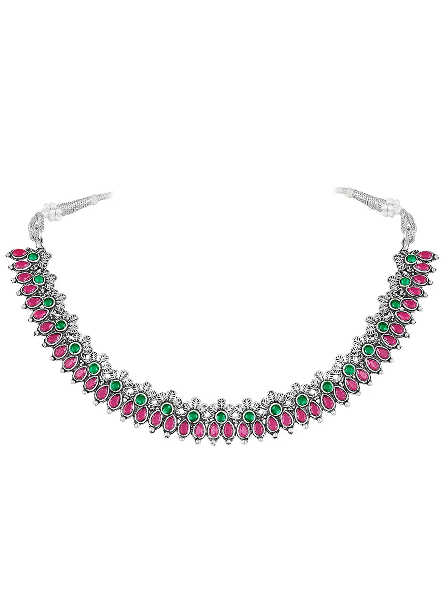 Peora Antique Oxidised Green Ruby Necklace Set