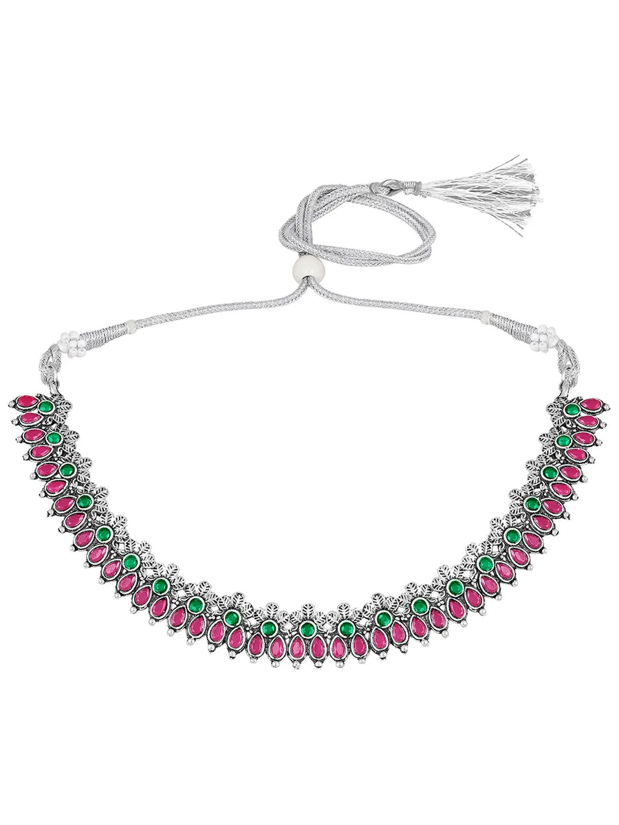 Peora Antique Oxidised Green Ruby Necklace Set