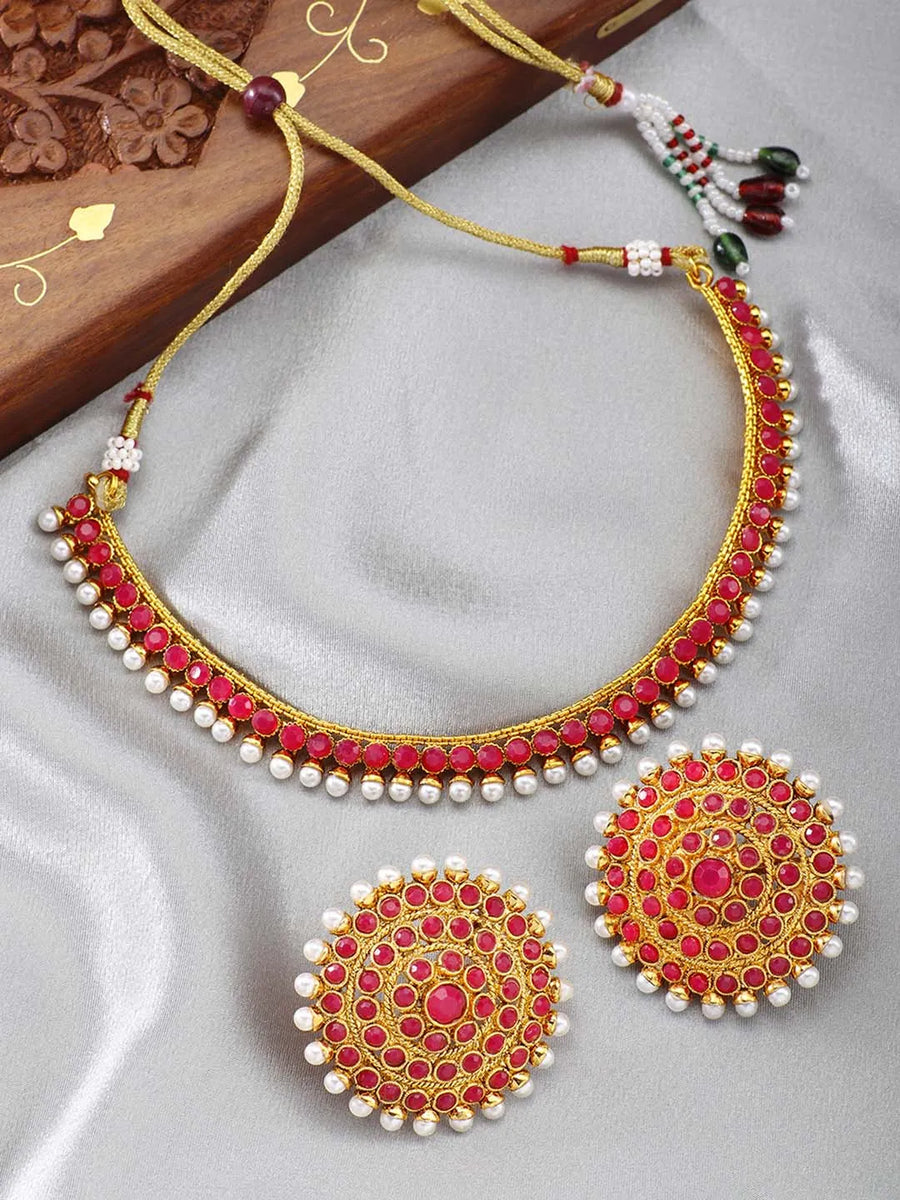 Lustrous in Stones Necklace Set - Rani Pink
