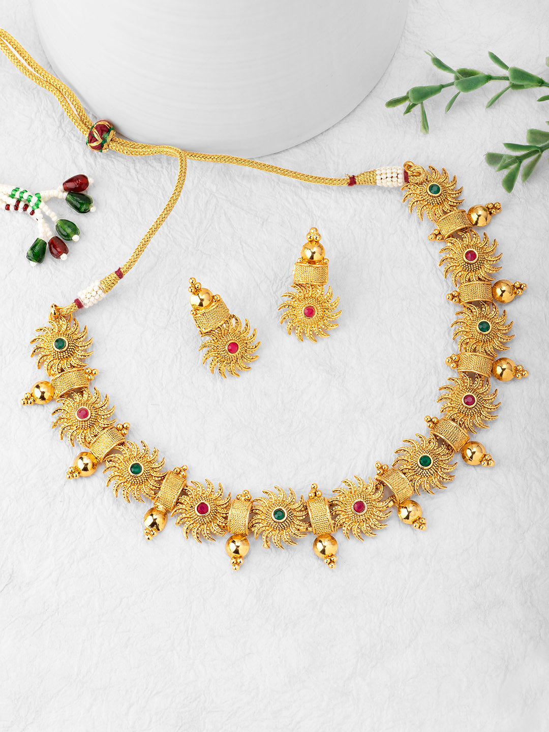 Surya Chakra Elegance Green & Pink Kundan Stone Necklace