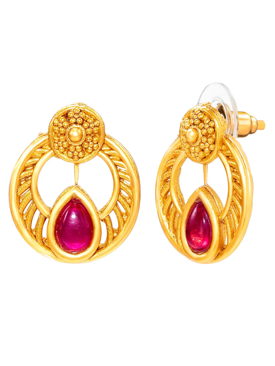 Peora Ruby Floral Teardrop Necklace Set - Gold