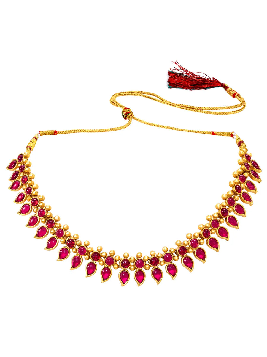 Peora Ruby Floral Teardrop Necklace Set - Gold