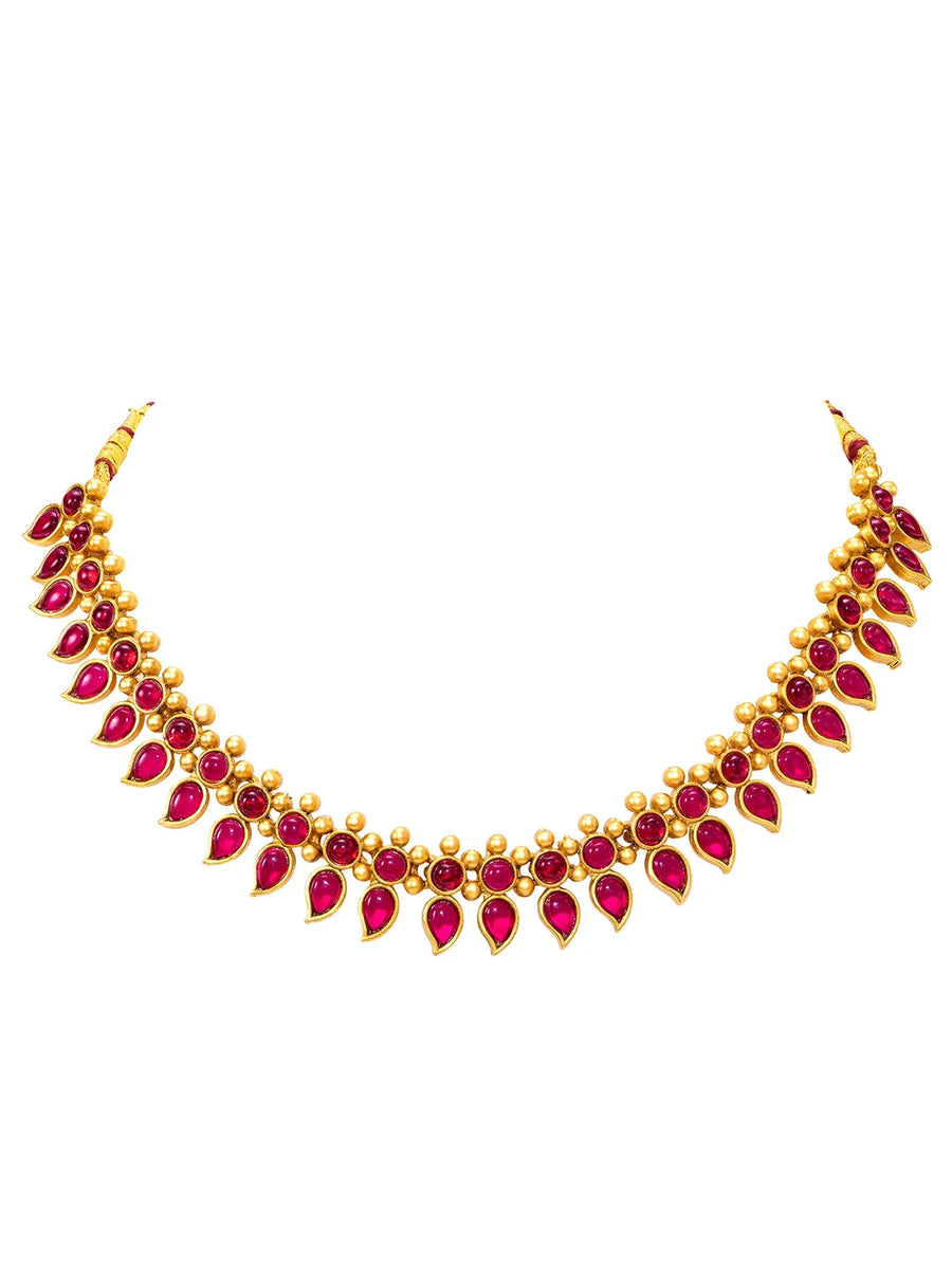 Peora Ruby Floral Teardrop Necklace Set - Gold