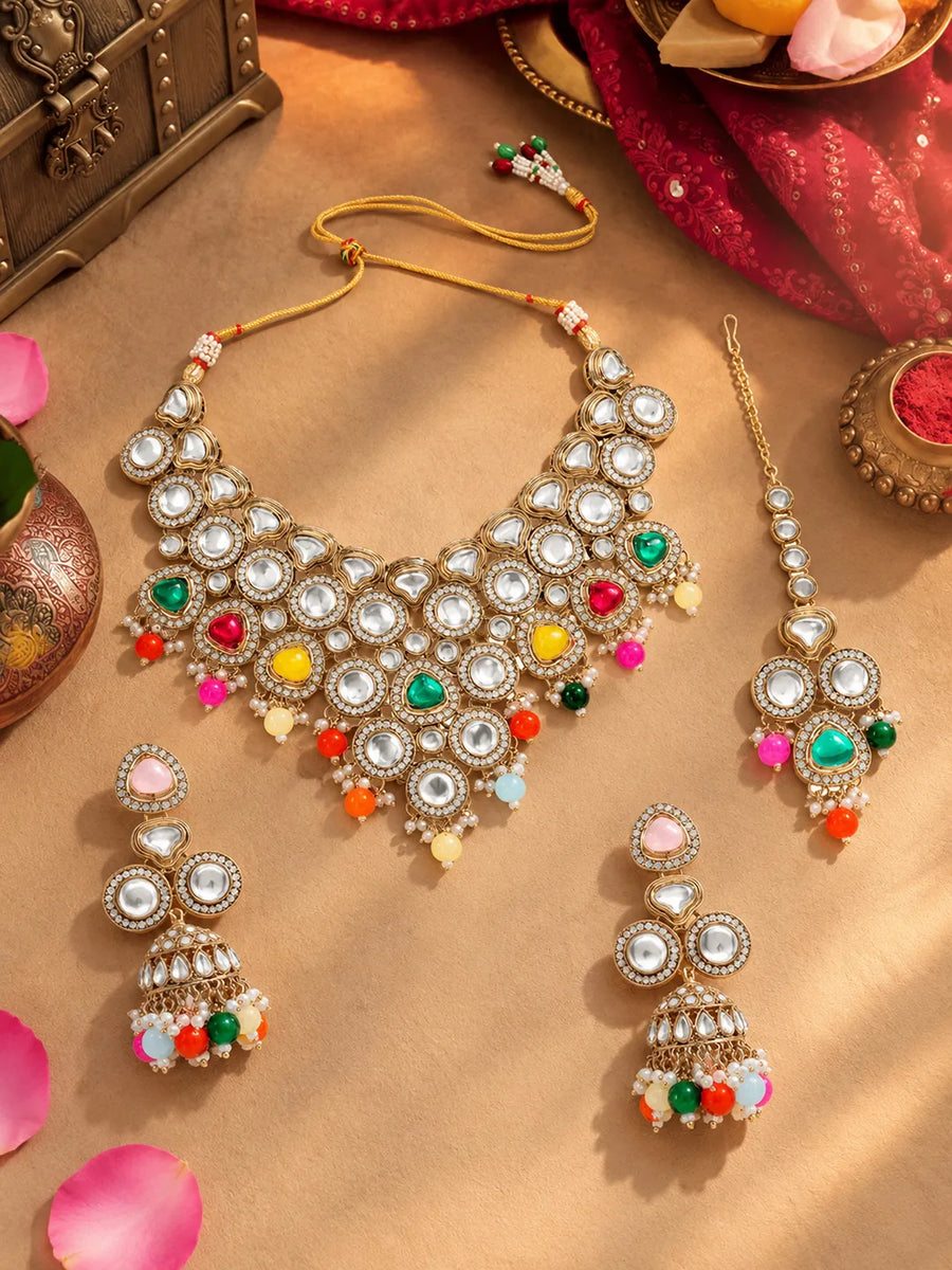Gold Plated Multicolor Festive Kundan Set