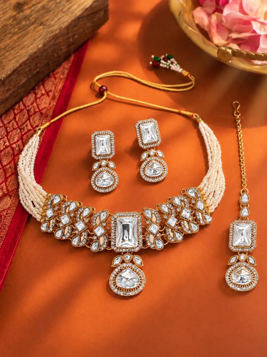 Gold Plated Ivory Kundan Heritage Necklace Set