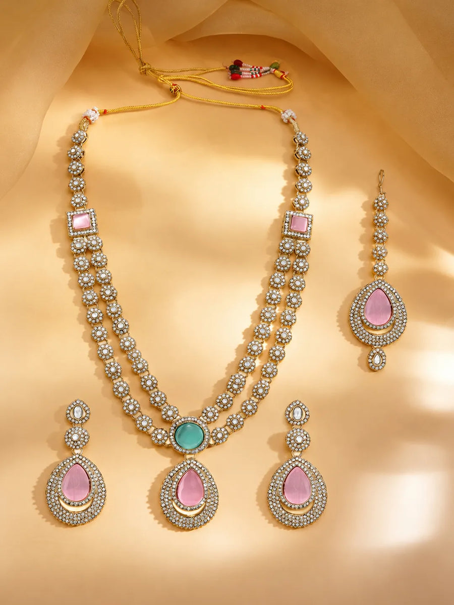 Gold Plated Pink Mint Pastel Kundan Set