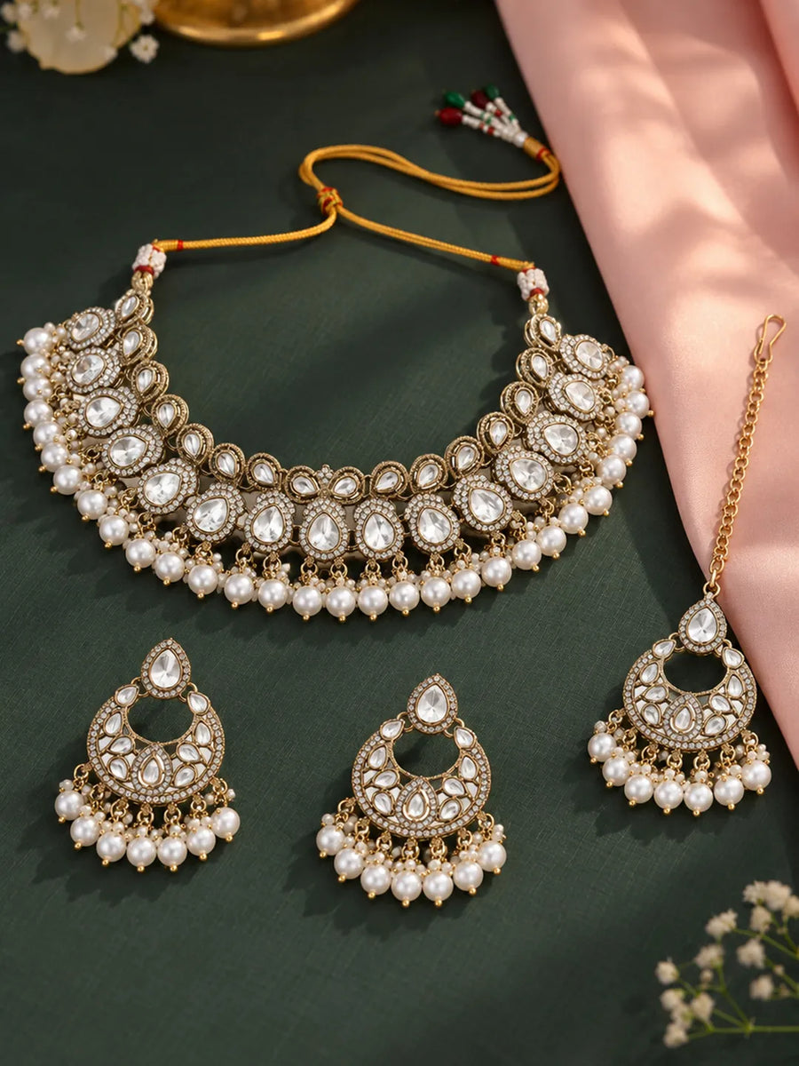 Gold Plated White Luxe Kundan Statement Set