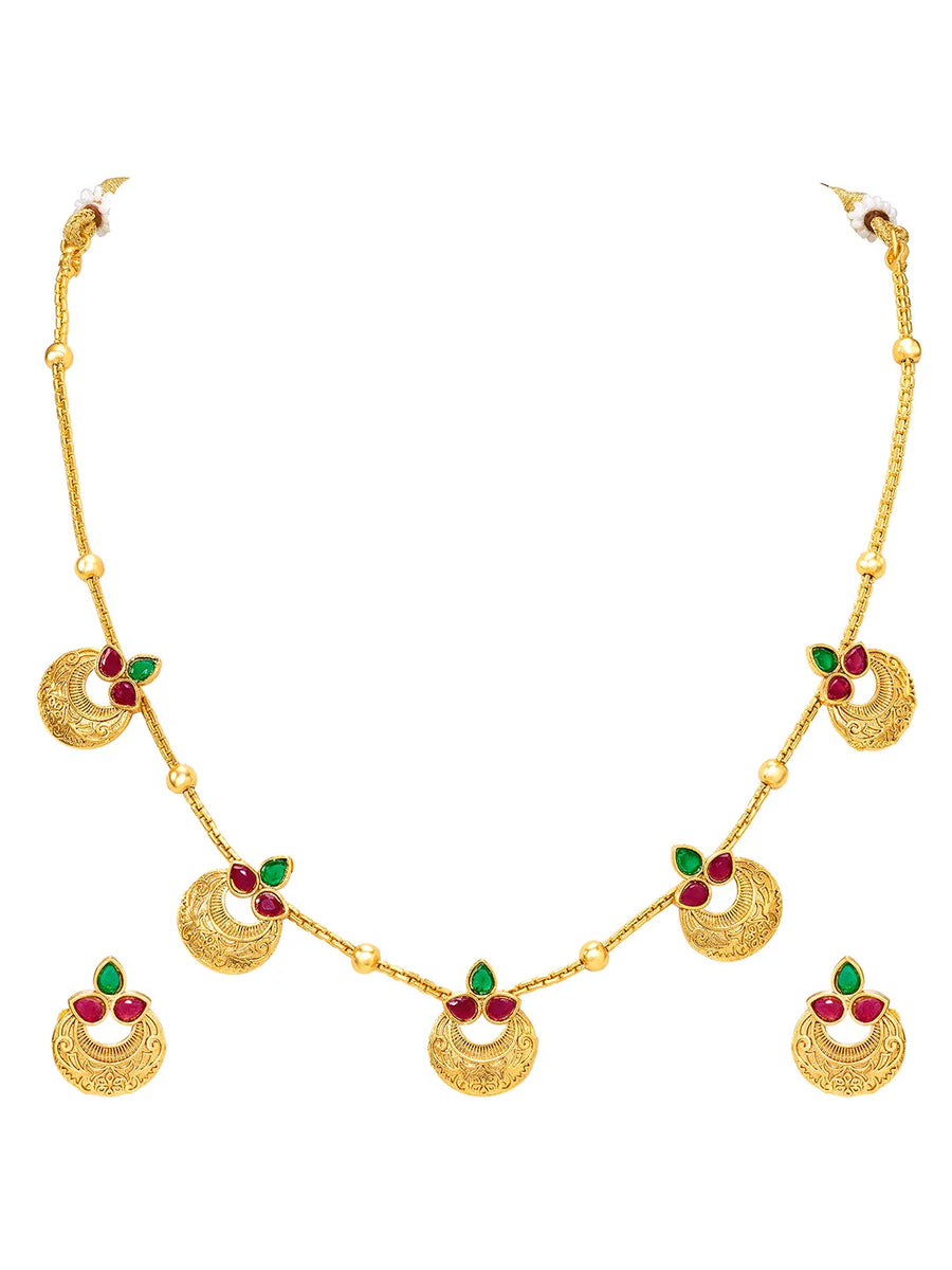 Peora Royal Coin Ruby Green Necklace Set - Gold
