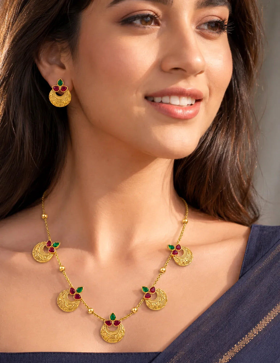 Peora Royal Coin Ruby Green Necklace Set - Gold