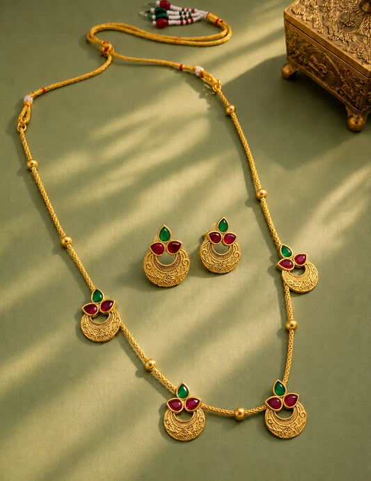 Peora Royal Coin Ruby Green Necklace Set - Gold