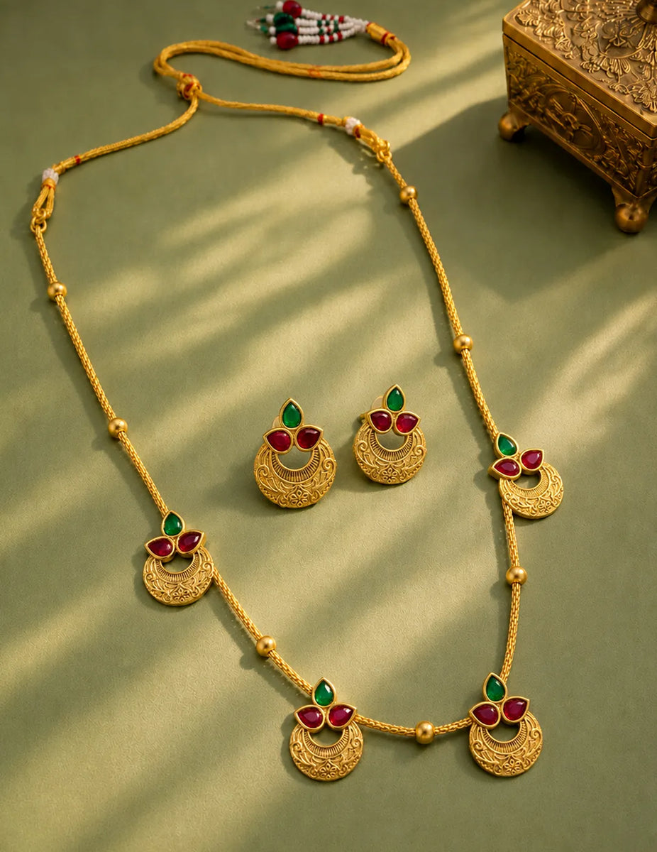 Peora Royal Coin Ruby Green Necklace Set - Gold