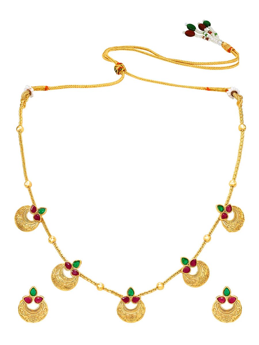 Peora Royal Coin Ruby Green Necklace Set - Gold